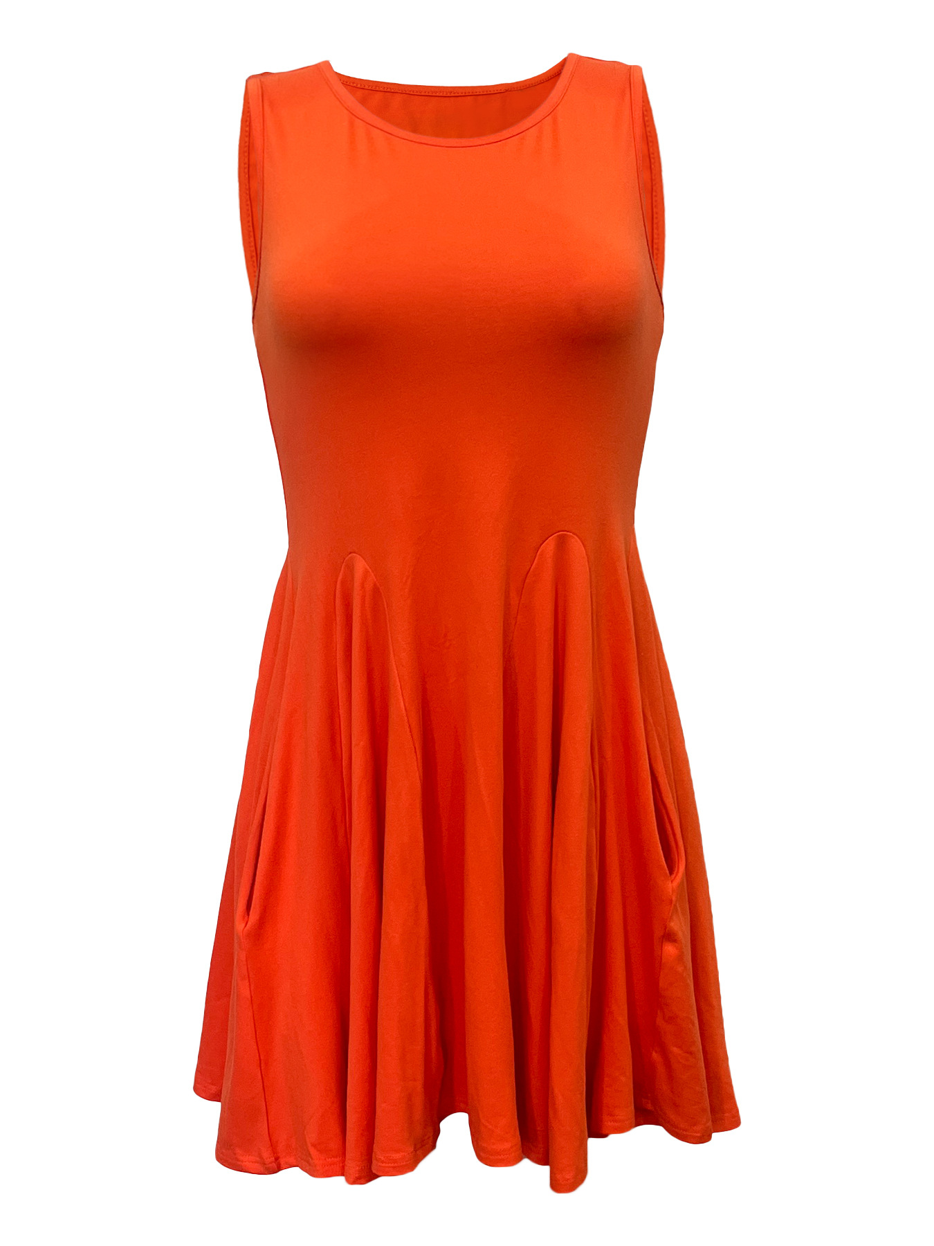 Women Clothing for Spring Summer Solid Color Round Neck Sleeveless Pocket Mini Dress