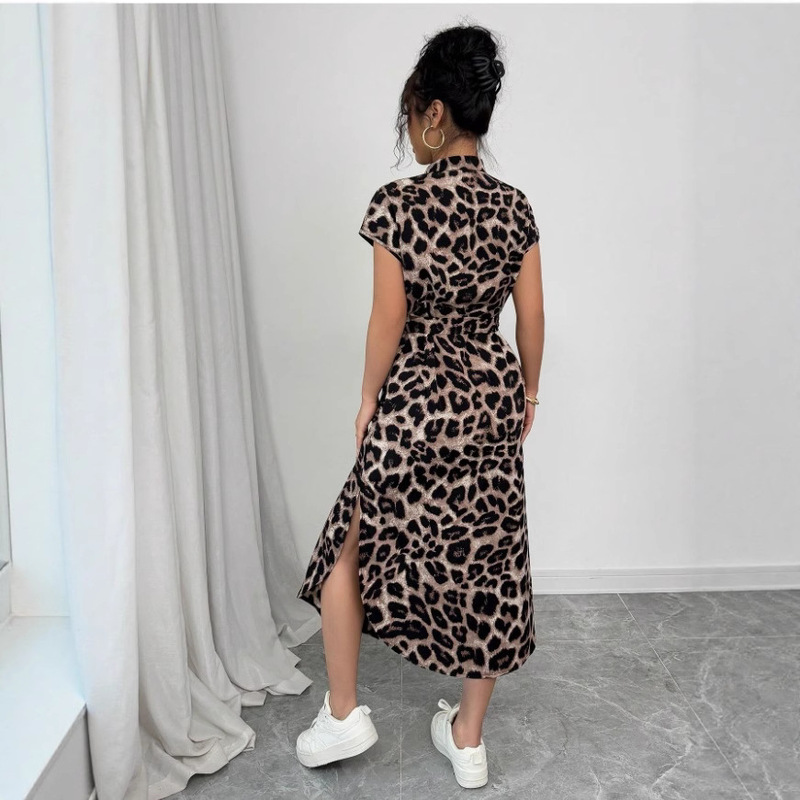 Spot Foreign Trade Cross-Border New Amazon Independent Station Leopard Print Front Button Shirt Belt Bow Shirt for Women