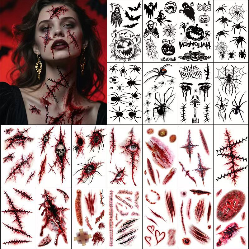 Factory in stock Halloween Horror Simulation Scar Spider Pumpkin Ghost Temporary Tattoo Sticker
