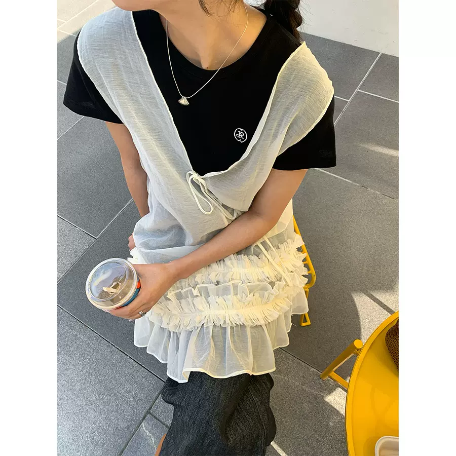 黄峥韩系夏季设计感微透网纱连衣裙无袖褶皱花边叠穿背心裙520588
