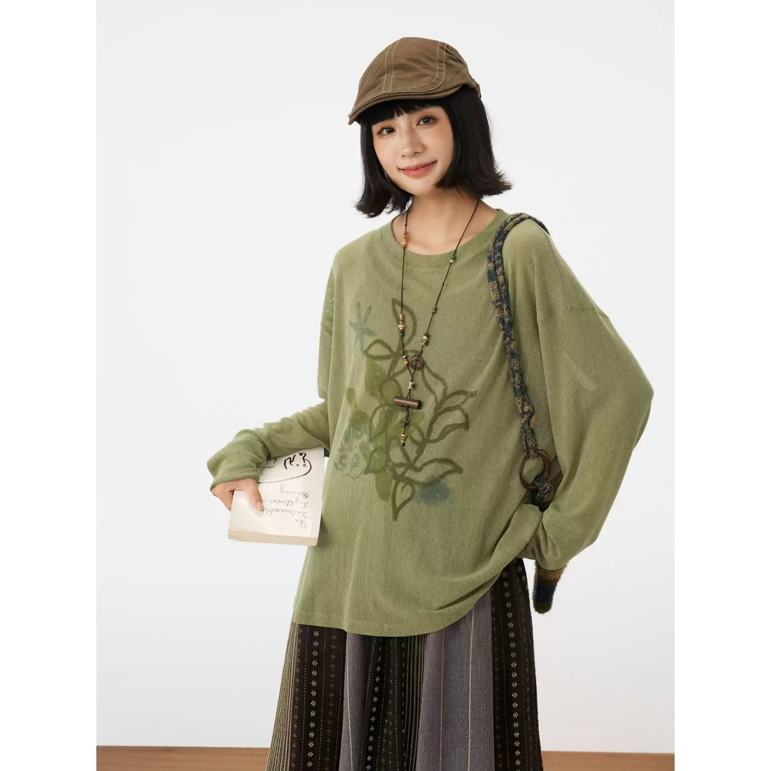 HOTHORSE Volcanic Horse Early Autumn Snowflake Texture Skin-Friendly Plant Hand-Painted Top Mori Style Hollow-Out Knitted Cover-Up T-Shirt