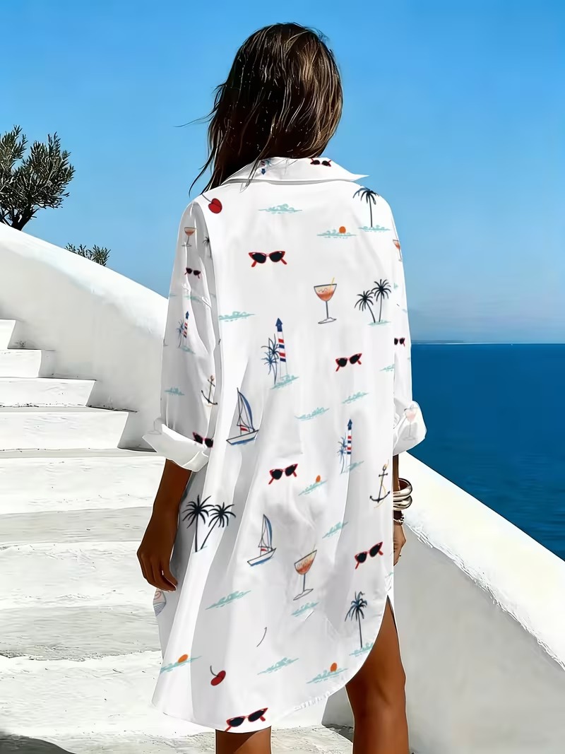 Women's Clothing Women's Resort Style Printed Shirt Loose Long Sleeve Lapel Button Down Casual Beachwear Dress_ecoleips.com