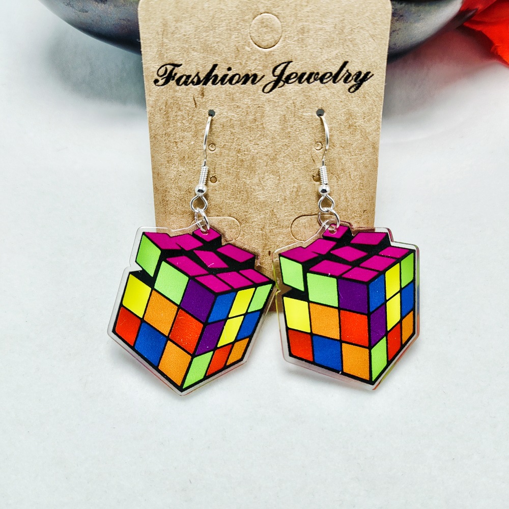 14g Weight Iron Ear Needle Material Drop Earrings Classification 1 Pair Quantity Holiday, Daily Occasion Acrylic Material Printing, Color Block, Rubik'S Cube Pattern Women's Gender Stoving Varnish Design Novelty Style 1 Pair Novelty Printing Color Block Rubik'S Cube Stoving Varnish Arylic Drop Earrings 10