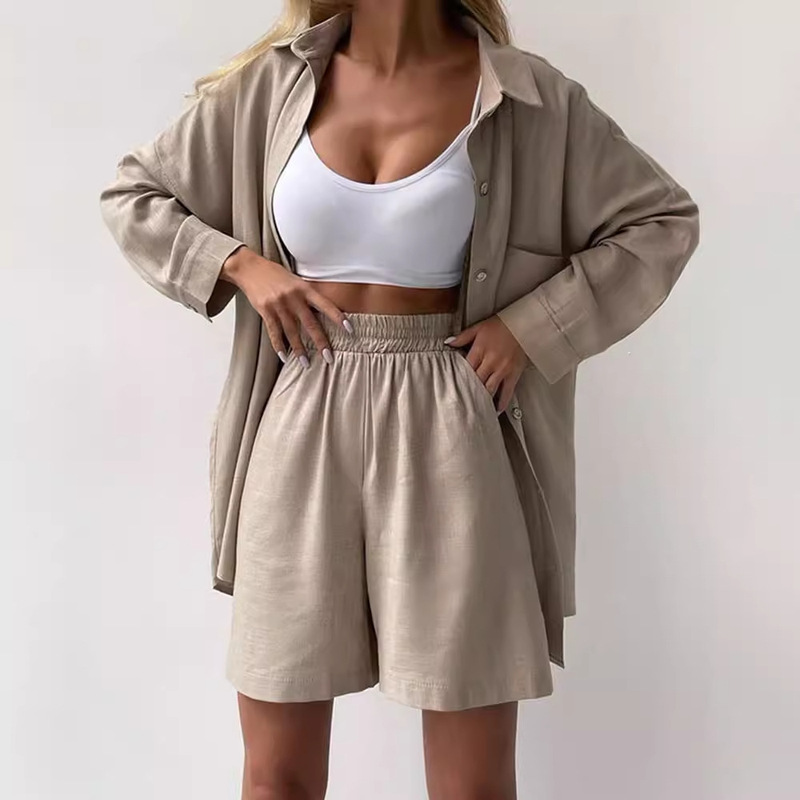 Spring and Autumn plus size Loose Elegant Casual Solid Color Single-breasted Long-sleeved Shirt Fashion Shorts Fashion Sports suit