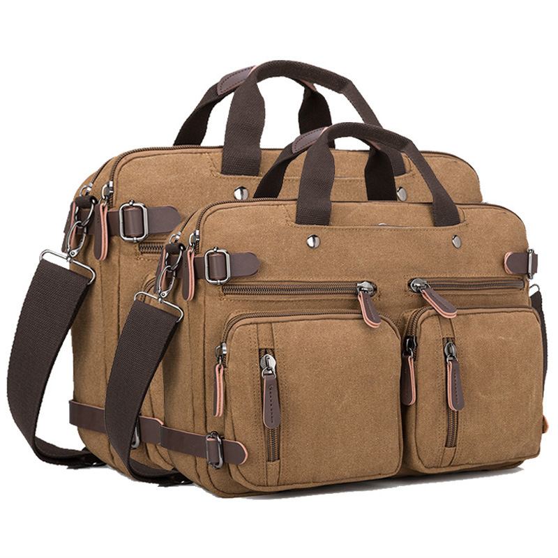 Cross-Border Business Canvas Genuine Leather Briefcase Multi-Functional Portable Crossbody Bag Large Capacity Computer Bag Casual Travel Bag