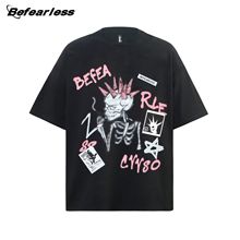 美式街头涂鸦骷髅男女短袖T恤夏季潮牌复古宽松vintage情侣上衣t