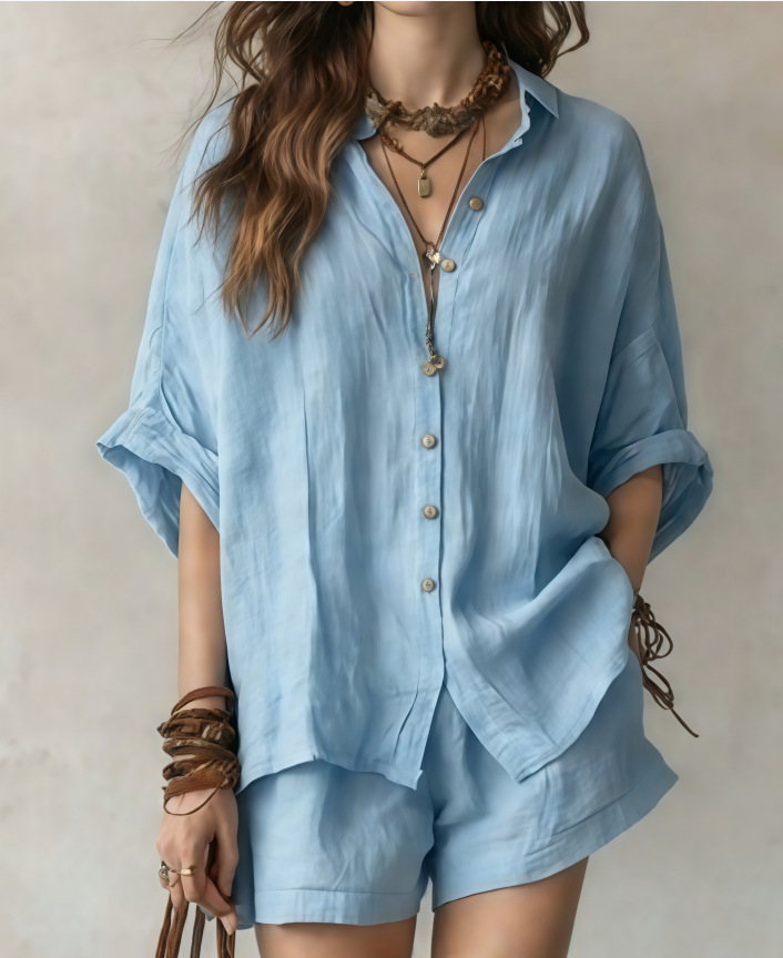 Women's Fashion Casual Suit Solid Color Loose Button Down Shirt And Shorts Spring/Summer New Style Clothing_ecoleips.com