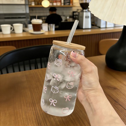 Taza de vidrio de alto silicio de silicio KT gato con taza de cola cubierta de paja de mesa conveniente taza de bambú cubierta de estudiantes resistente a altas temperaturas