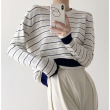 深蓝撞色镂空条纹针织衫女装2022秋季新款小圆领宽松毛衣上衣