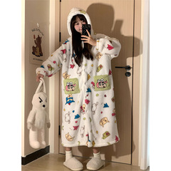 ins风可爱蜡笔小新睡衣女冬季新款加厚大码珊瑚绒睡袍家居服睡裙