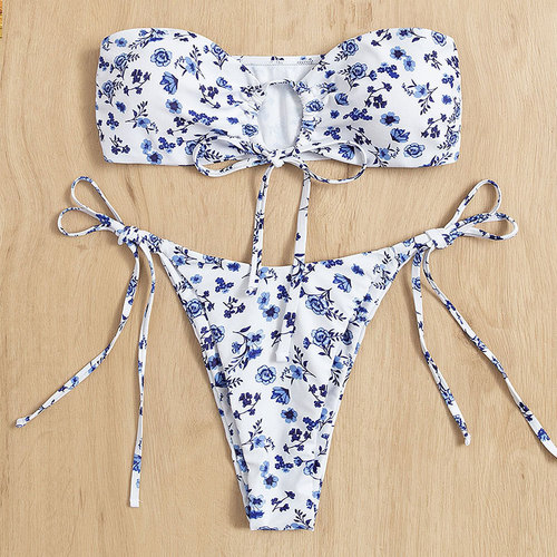 Women's Sexy Print Strapless Split Bikini Swimwear, European and American Braided Three-Point Bikini