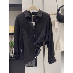 实价现货法式黑色天丝防晒衬衫女夏季亚麻薄款衬衣宽松慵懒上衣夏