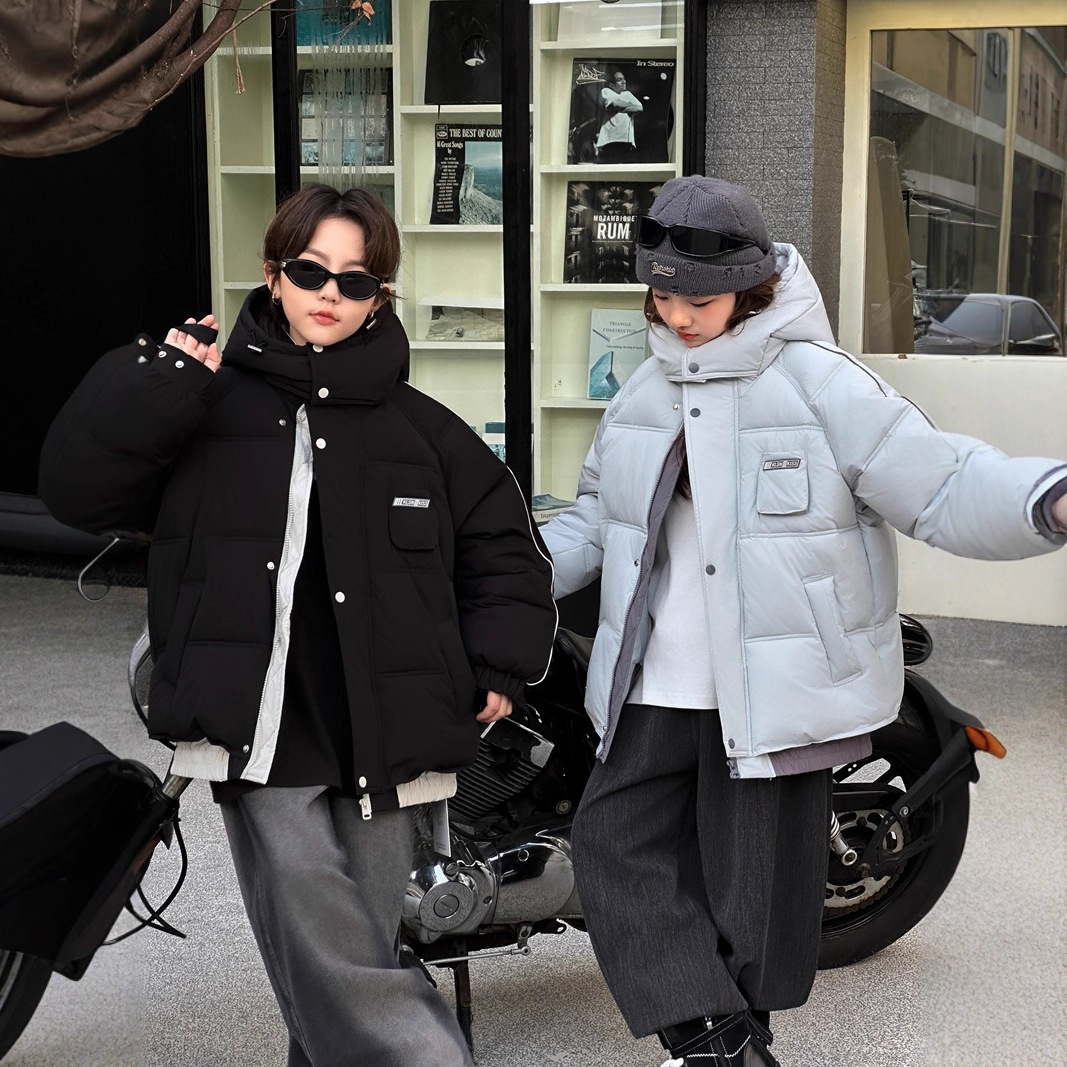 韩版童装冬装2025新款男女童潮酷连帽保暖外套时尚中大童男宝棉服