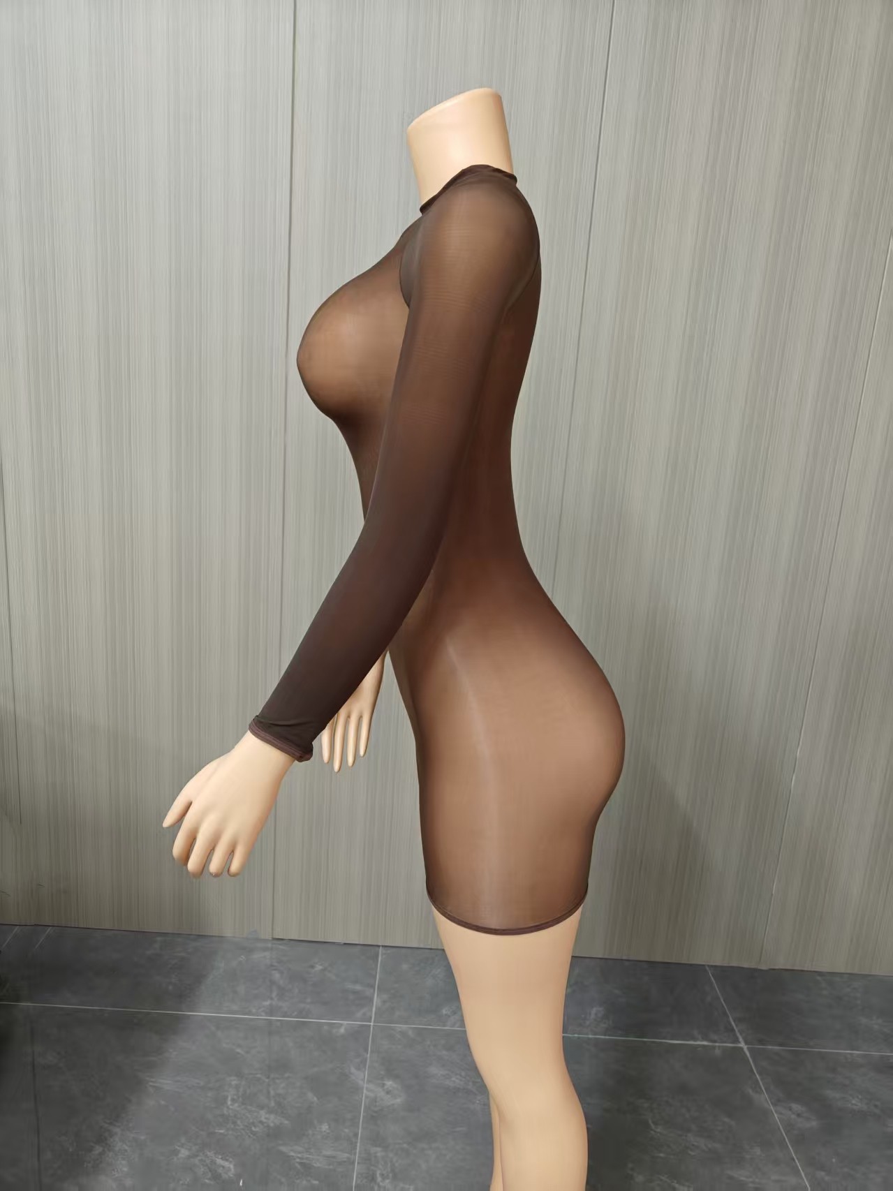 Glänzender Transparenter Bodysuit Langarm Elastischer Catsuit_voghion.com