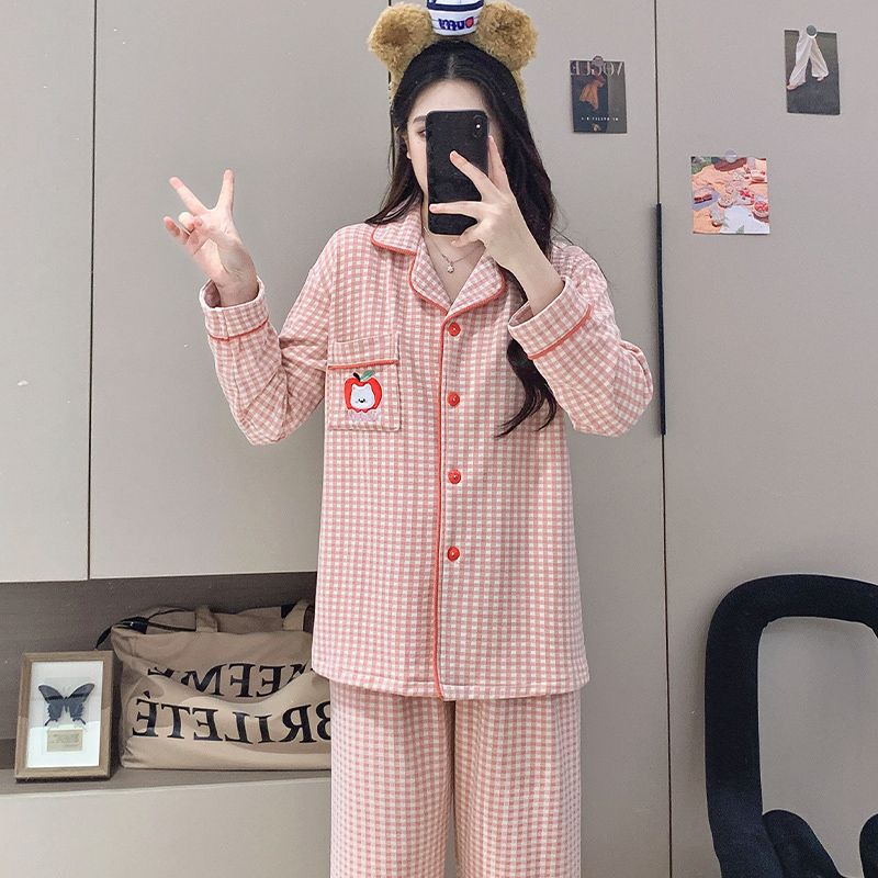 德绒睡衣女秋冬季加厚格子卡通开衫长袖套装可爱少女家居服可外穿|undefined