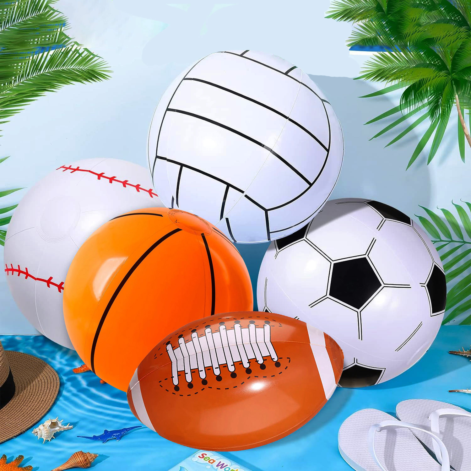 Cross-Border Hot Sale 16inch Inflatable Football Baseball Rugby Basketball Set Water Inflatable Sports Beach Ball