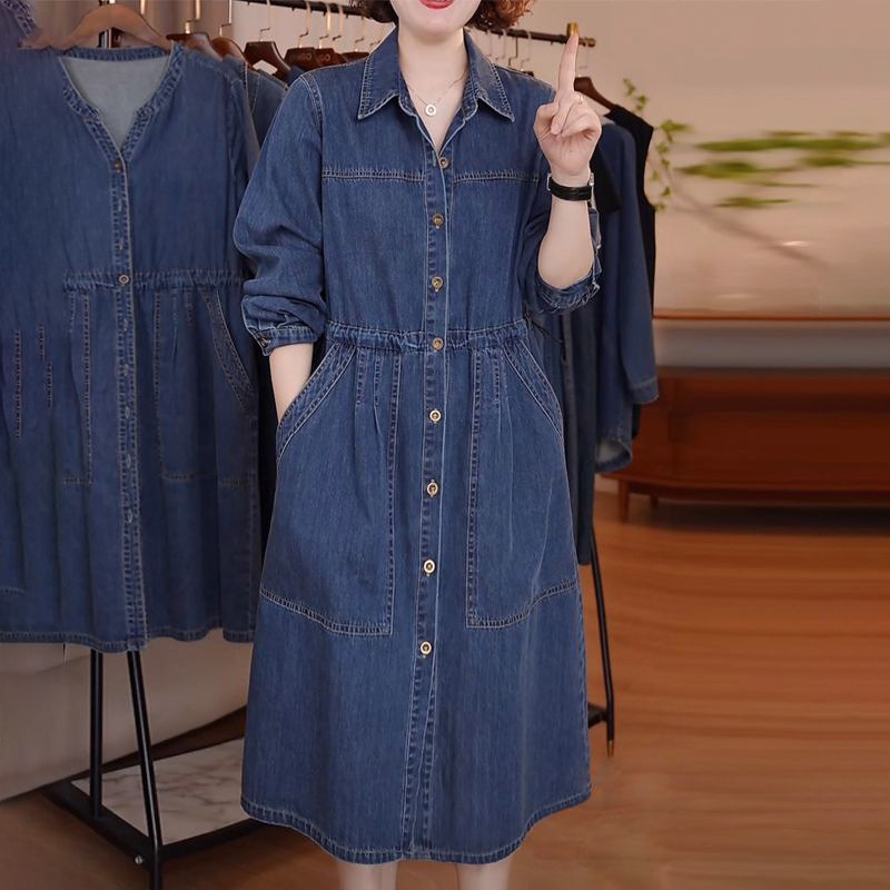 秋季长袖牛仔连衣裙女2025新款大码遮肉遮胯显瘦过膝休闲百搭裙子|undefined