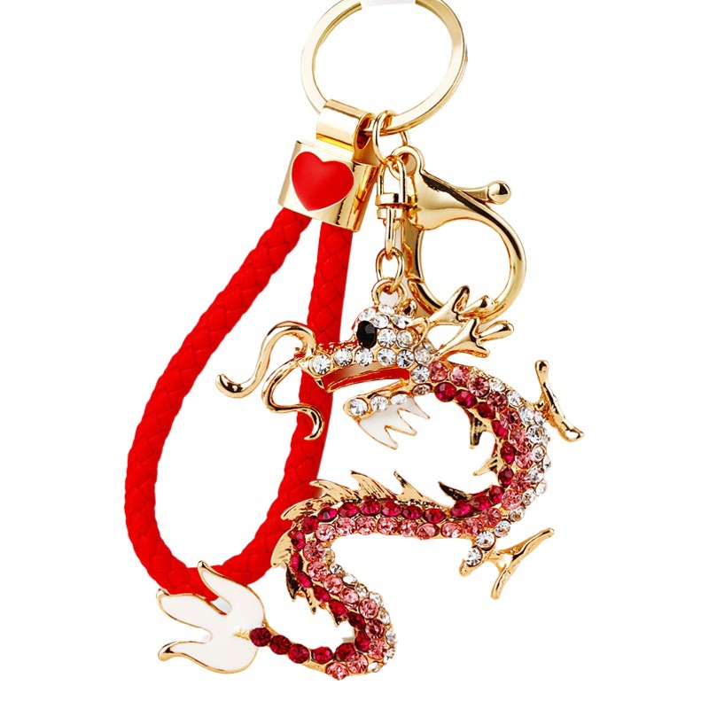 Estilo chino rhinestone doce dragón del zodiaco llavero coche bolso de las mujeres colgante anillo regalo creativo al por mayor