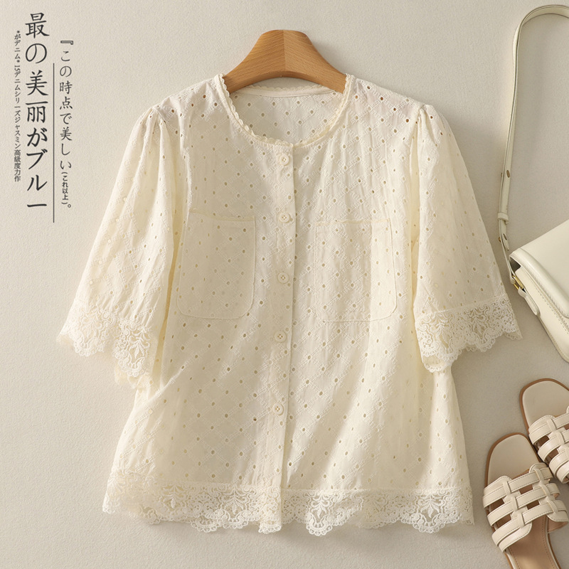 Cross-Border Rakuten Fresh Cotton and Linen Versatile Short-Sleeve Top with Lace Trim, Elegant Hollow-Out Blouse for Women