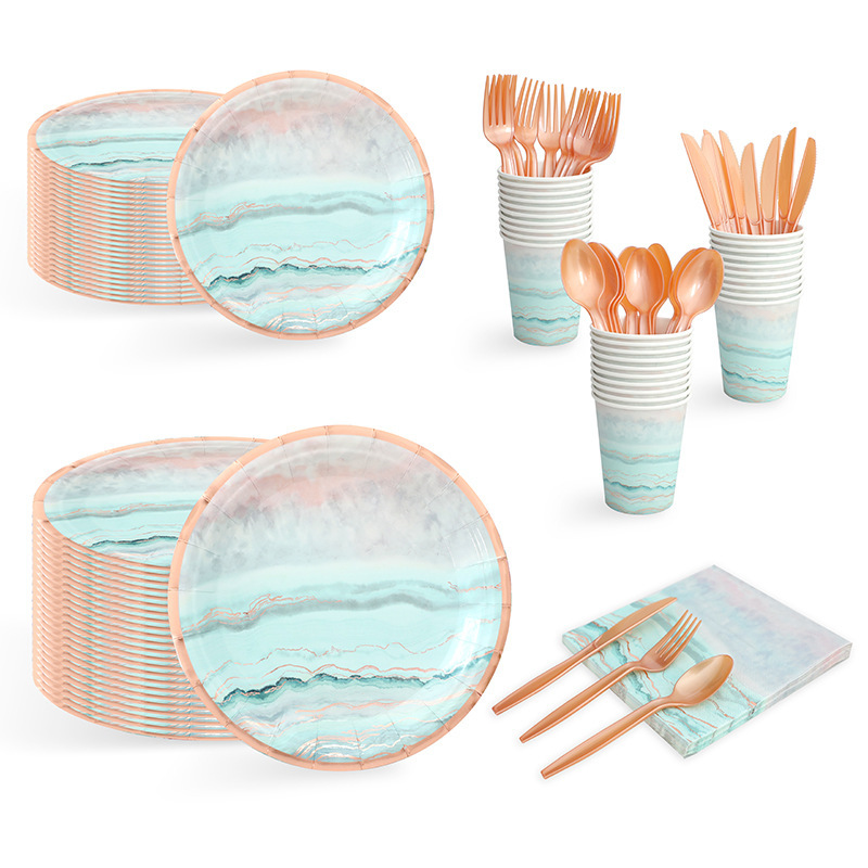 Gradient Green Disposable Paper Tray Guofeng Landscape Painting Rose Gold Spot Cross-border Amazon Paper Tray Paper Cup Set