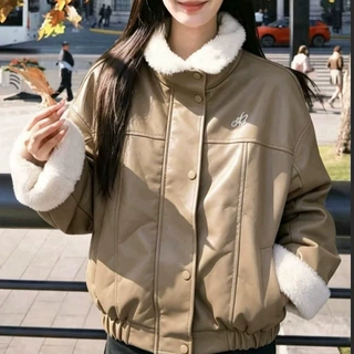 复古高级感2026冬季新款PU皮毛一体羊羔毛棉服宽松加绒韩系外套