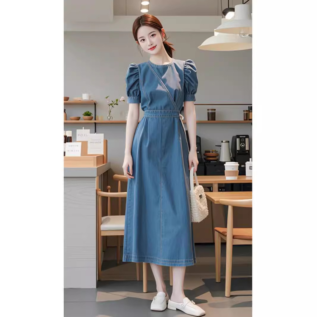 Váy denim xanh dáng maxi thắt eo phong cách Hàn Quốc mùa hè — Màu xanh lam