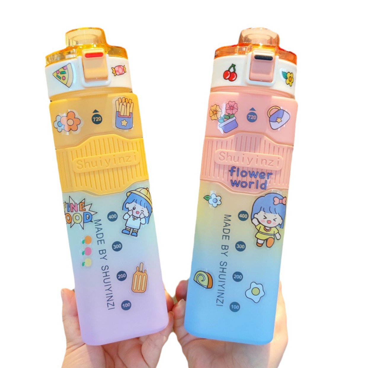 Tres colores del arco iris gradiente de color cuadrado deportes paja taza de agua de plástico portátil cuerda rebote escala botella de agua al por mayor