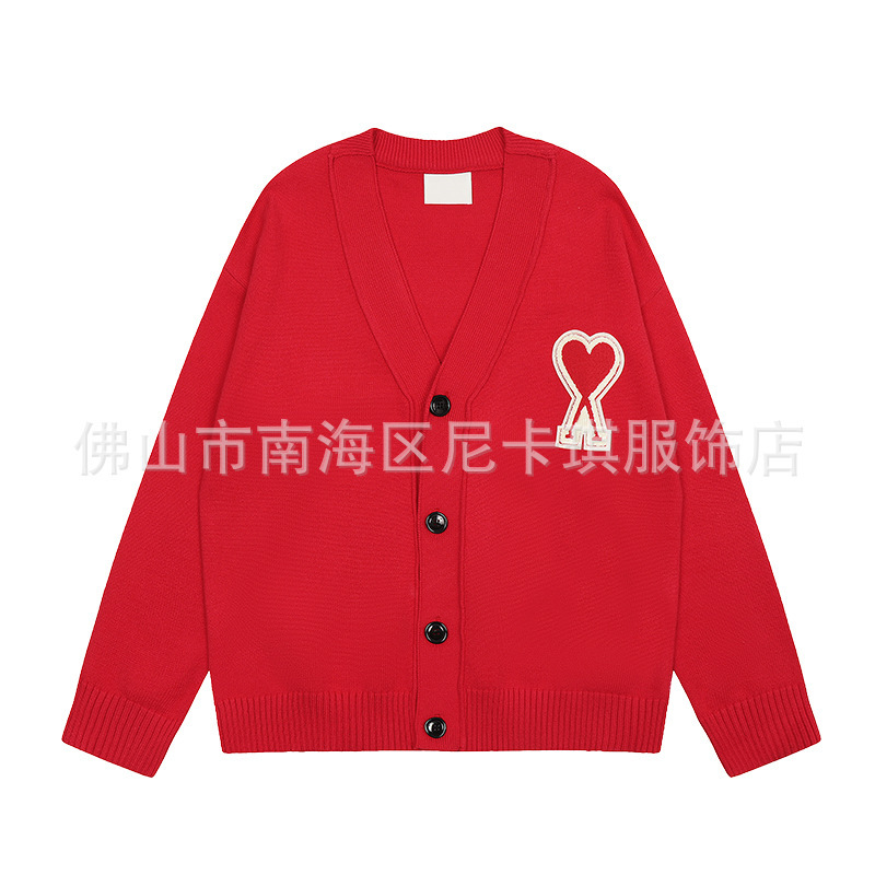 ami ニットカーディガン ビッグラブ 25SS 新作 ハイウェイト シングルブレスト トップ Vネック クロスボーダー ウール セーター ジャケット|undefined