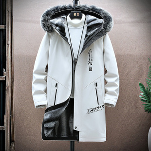 2022 autumn and winter New trench coat men's mid-length Korean style loose plus size fleece-lined hooded jacket trendy casual jacket