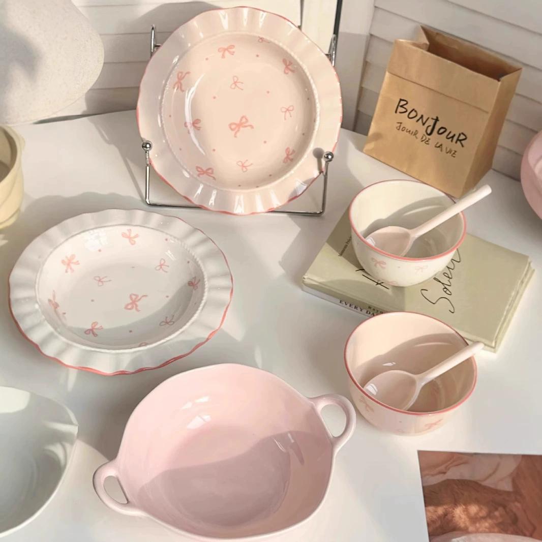 Ceramic tableware set with bow pattern, cute pink bows, multiple-piece dining kit