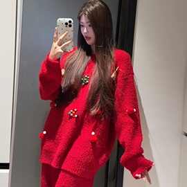甜美圣诞新年半边绒红色睡衣女冬季新款针织长袖长裤家居服套装冬