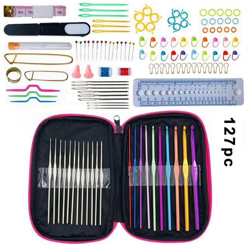 Set de ganchillo metálico 22 piezas, funda de cuero, color aluminio, tejido a ganchillo, 100 uds disponibles