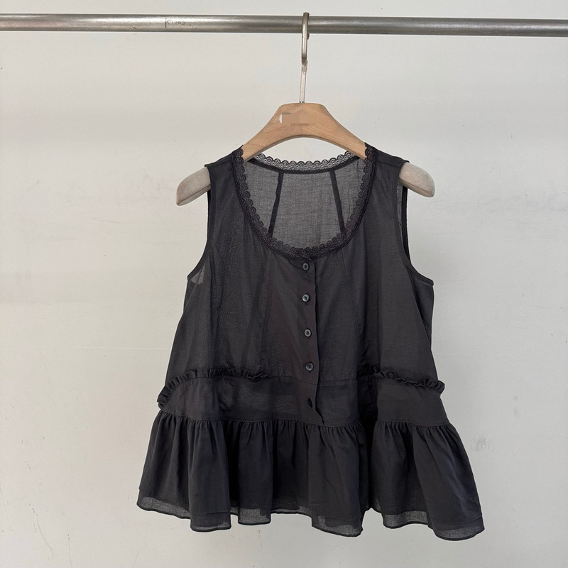 2025 New Summer Style Niche Black Lace Edge Splicing Top Ruffled Sleeveless Vest for Women