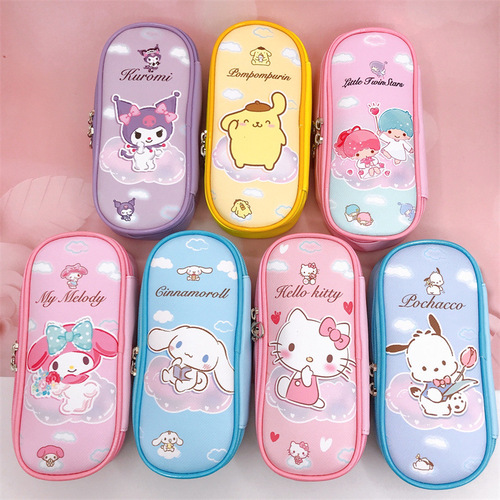 Cartoon double zipper PU stationery box for primary and secondary school students large capacity pencil bag Kurumi small white PC dog cloud pencil bag