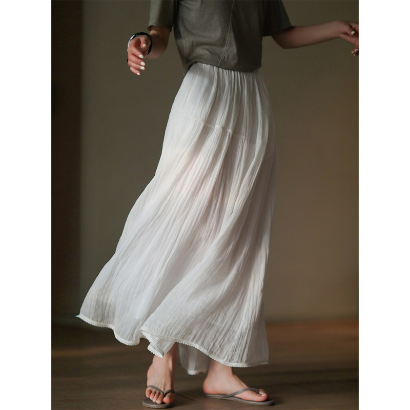 Summer New Style Artistic Retro Ramie Texture Fluffy Lightweight Elastic Waist Versatile Flowing Half Skirt Long Skirt