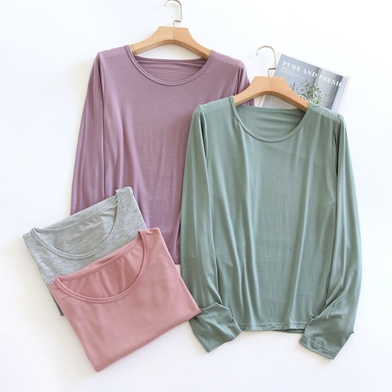 Factory wholesale modal ladies spring and autumn leisure home solid color large size long sleeve versatile simple thin top