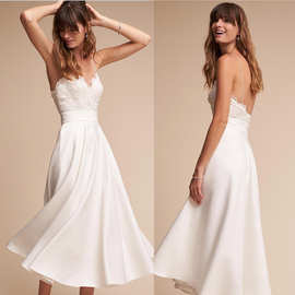 旅拍轻婚纱2024新款夏季清新简约欧美风白色吊带小个子伴娘裙礼服