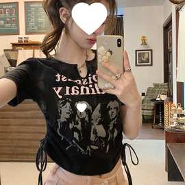 复古做旧短袖t恤夏季宽松抽绳设计感辣妹上衣图片色抽褶印花绣花