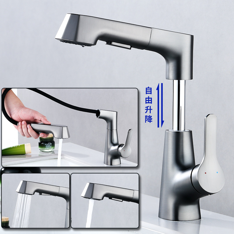 Bathroom Sink Hot and Cold Pull-Out Faucet, Copper Countertop Basin Adjustable Faucet, Gun Gray