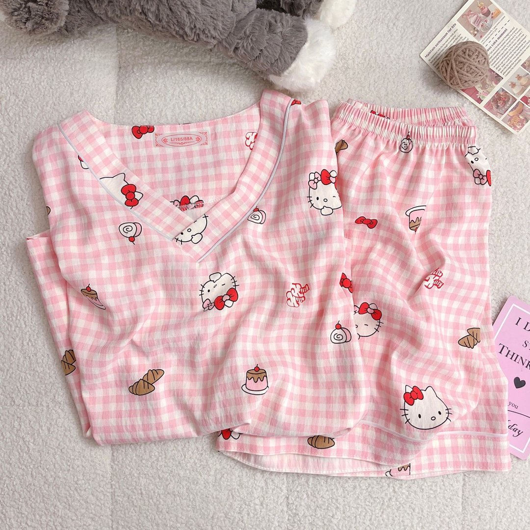 Al por mayor transfronterizo nuevo pijama dulce de verano nubes de algodón impresión de dibujos animados de cuello V hoodie set de ropa para el hogar