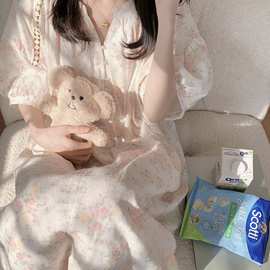 实拍夏装新款睡衣女甜美可爱花朵珍珠扣子连衣裙家居服睡裙可外穿