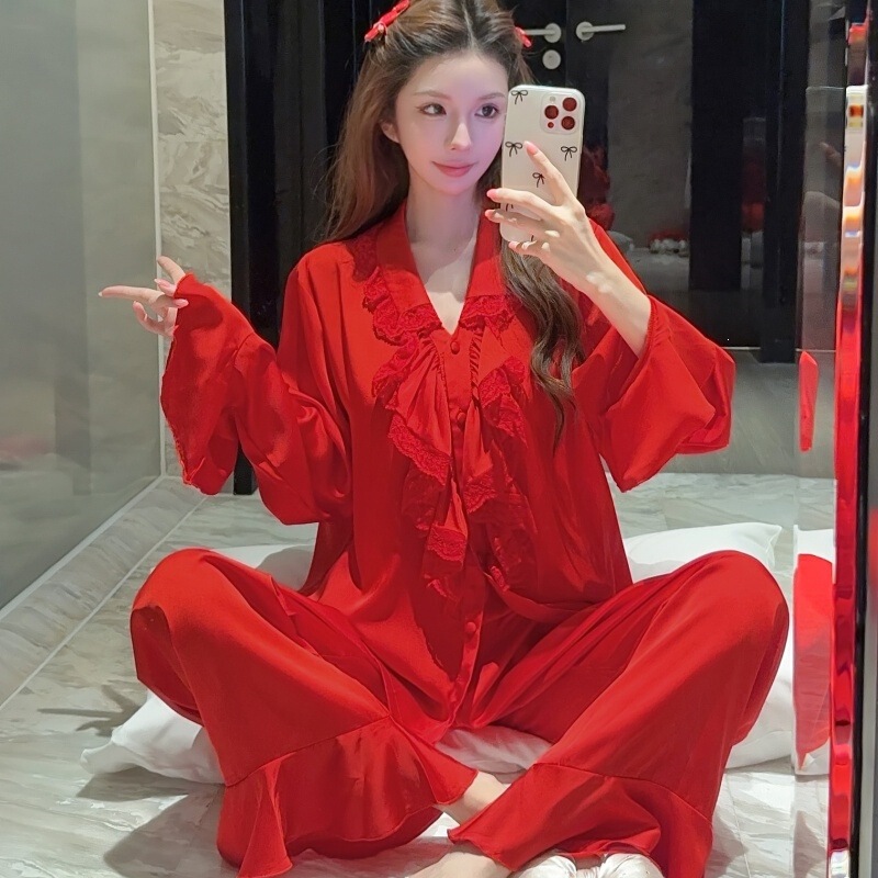 Autumn red bridal ice silk pajamas, French lace, light luxury, high-end silk, can be worn outside, home wear set