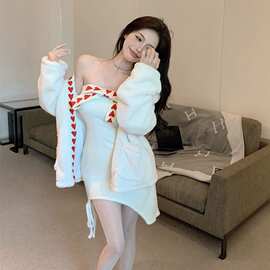 1984时髦洋气套装女秋冬季毛绒外套抹胸辣妹不规则包臀裙两件套