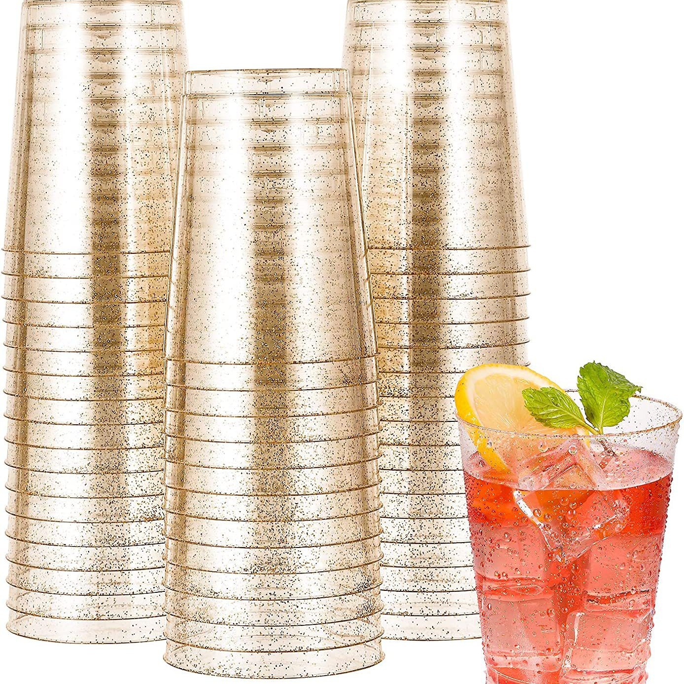 Fábrica al por mayor 10oz brillo oro polvo plata oro rosa polvo taza de plástico taza de oro desechable Copa de oro