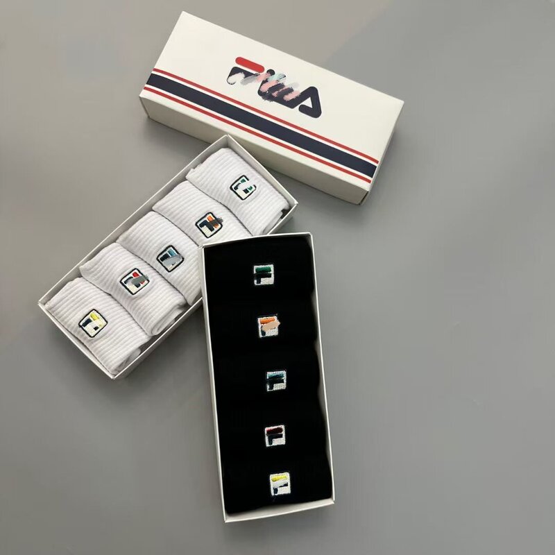 Boxed Export Fl Socks, Mid-Calf Socks, Cotton Embroidery, Black, White, Gray, Solid Color, Breathable, Sweat-Absorbent, All-Season Unisex Sports Socks