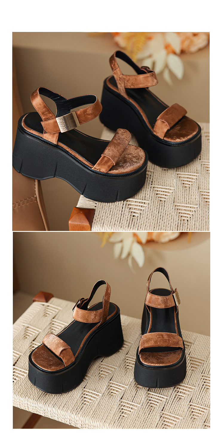 Sandal cao gót nữ phong cách Pháp cổ điển đế xuồng tăng chiều cao hở mũi khóa kim loại — màu nâu, màu đen, màu trắng ngà chi tiết 13