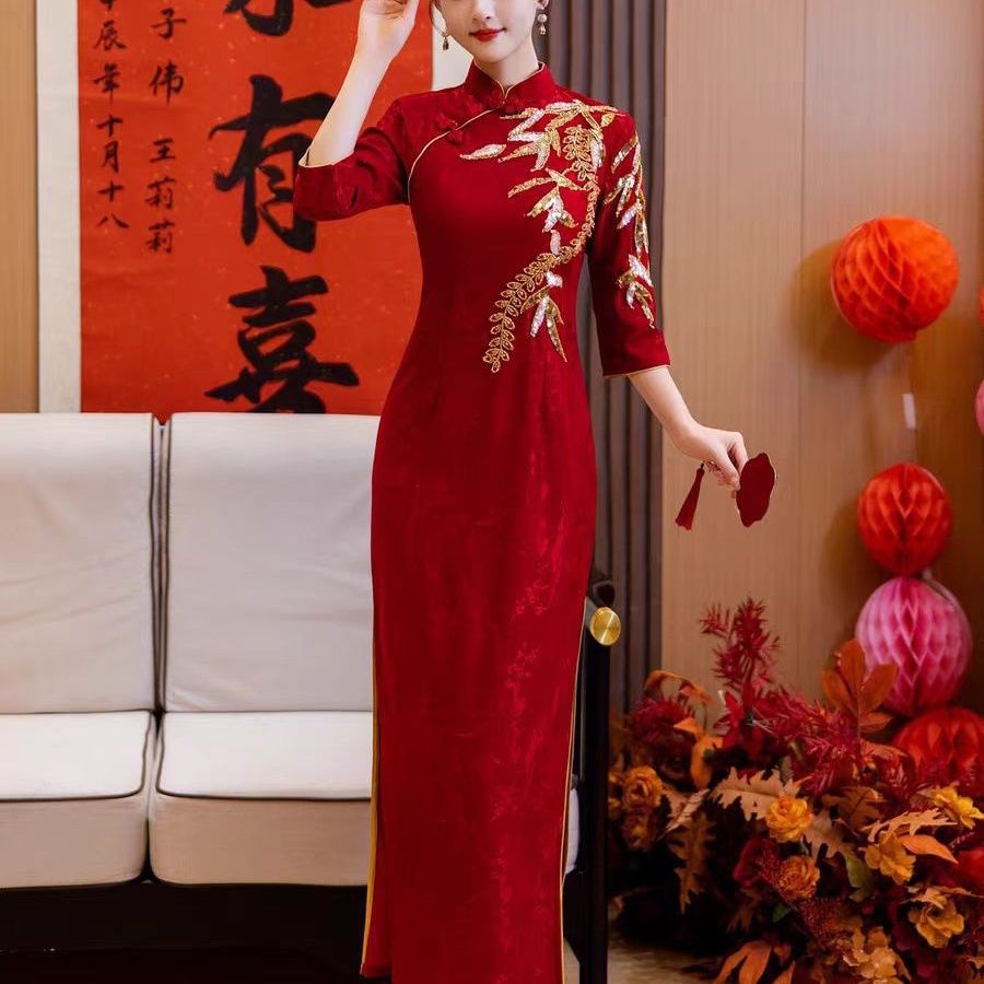 Cheongsam Toast Dress, Bride's Engagement Dress, Wine Red Home Wedding Dress, Dress That Can Be Worn at Ordinary Times