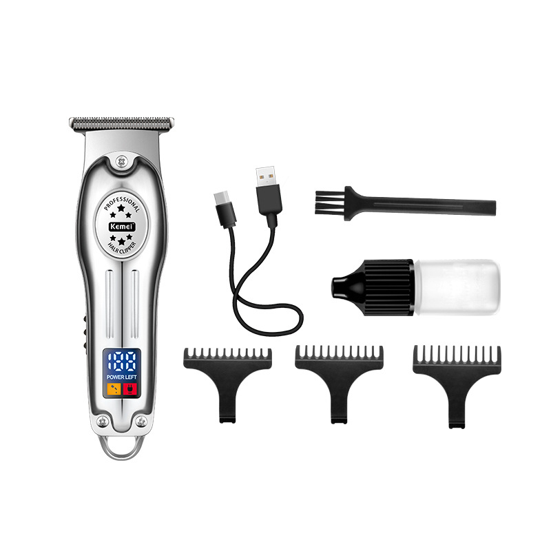 Cortadora de pelo Kemei, recortadora de puntas cruzadas KM-678, cortadora eléctrica metálica con pantalla digital para uso profesional en salones.