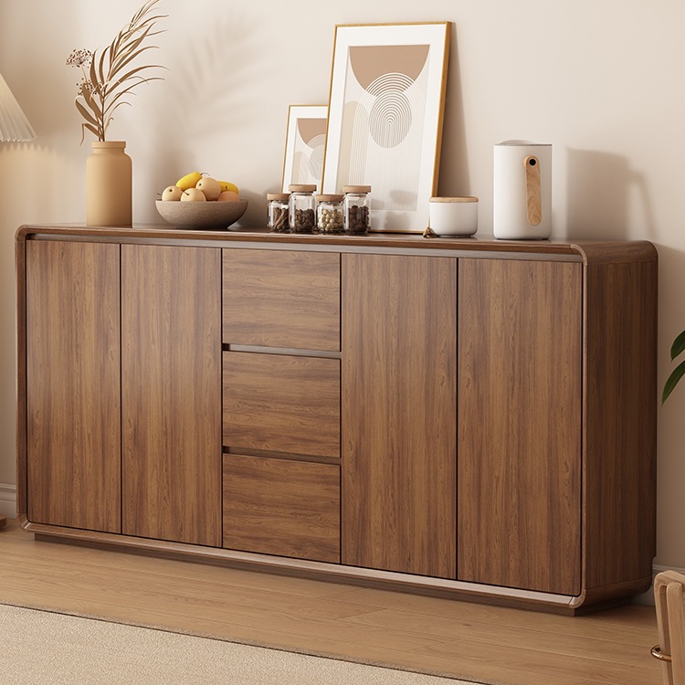 Sideboard Against the Wall Integrated Kitchen Storage Cabinet Solid Wood Frame New Chinese Style Living Room Side Cabinet Walnut Color Storage Cabinet