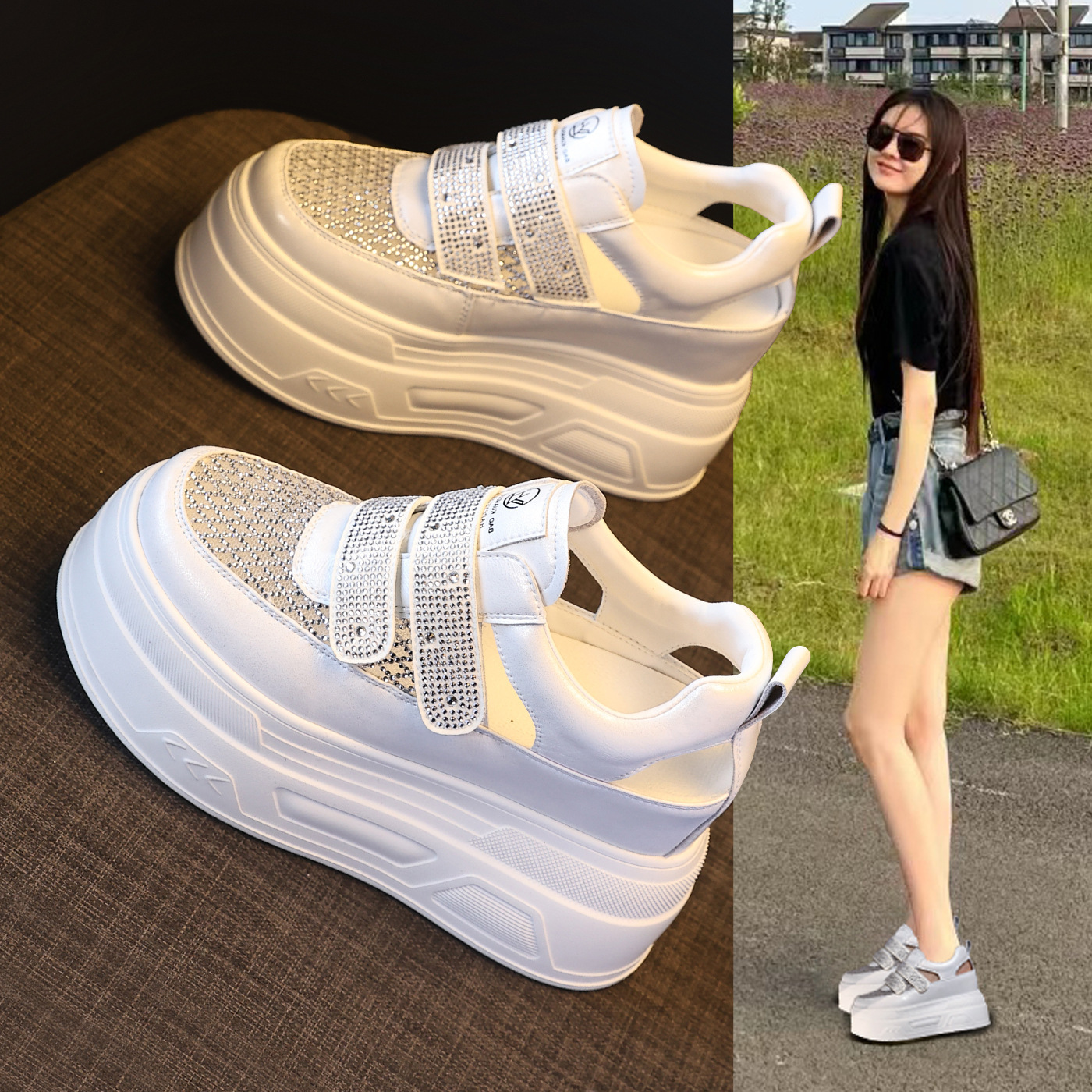 Giày sneaker nữ đế dày tăng chiều cao, phối rhinestone rỗng thoáng khí, form chunky — màu trắng